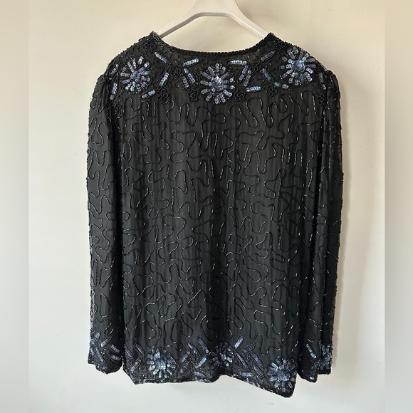 Vintage Black & Blue Sequin Silk Cardigan Size M - Picture 7 of 10